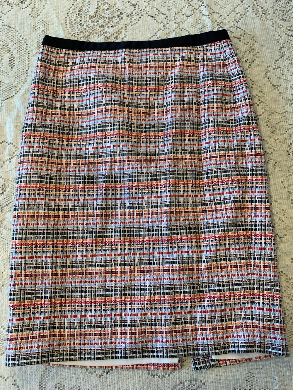 Talbots Black Red Orange Light Blue Shimmer Tweed Pencil Skirt  size 6 Nice!